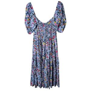 NWT Elf M Blue Floral Midi Dress Pleated Bodice Puff Sleeve Button Front Rayon‎